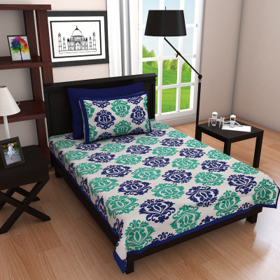 PETROSOLY 144 TC Cotton Single Jaipuri Prints Flat Bedsheet(Pack of 1, Blue)