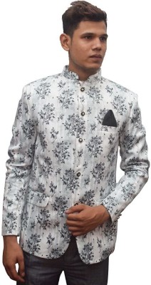 MUSTKEEM Floral Print Bandhgala Party Men Blazer(Grey, White)