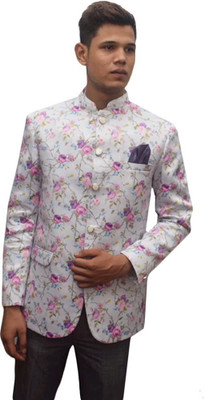 MUSTKEEM Floral Print Bandhgala Party Men Blazer(White)