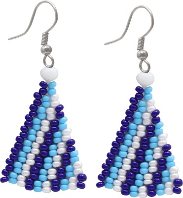 Ethonica White & Blue Color Handmade Indian Fashion Jewelry Bugle Seed Beaded Fish Hook Earrings Beads Alloy Drops & Danglers