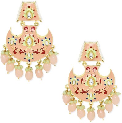 Oomph Pink & Green Meenakari Enamel with Kundan and Pearls Ethnic Pearl, Mother of Pearl Metal Chandbali Earring