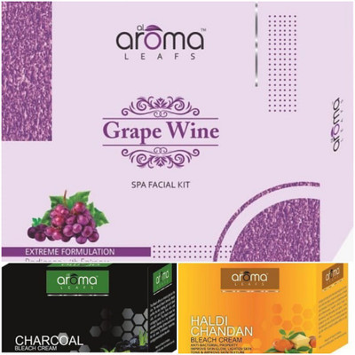 AlAroma Leafs GRAP WINE SPA FACIAL KIT 290 G WITH CHARCOAL BLEACH 43 G , & HALDI CHANDAN BLEACH 43 G(376 g)