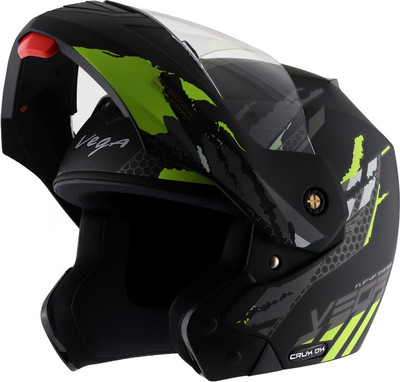 VEGA CRUX DX FLEX DULL BLACK NEON YELLOW Motorbike Helmet(Black ,Green)