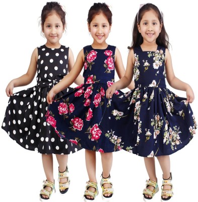 Linya Girls Midi/Knee Length Casual Dress(Blue, Sleeveless)