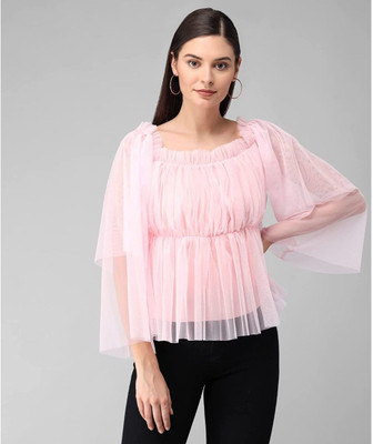 LIME N LEMON Girls Casual Net Off Shouldered Top(Pink, Pack of 1)