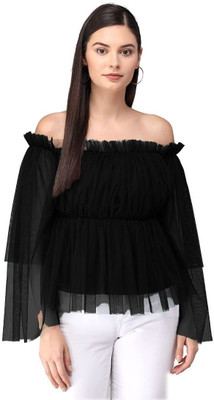 LIME N LEMON Girls Casual Net Off Shouldered Top(Black, Pack of 1)