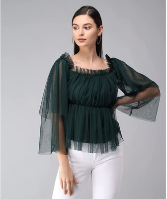LIME N LEMON Girls Casual Net Off Shouldered Top(Green, Pack of 1)