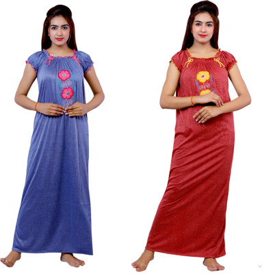 NACNO Women Nighty(Blue, Maroon)