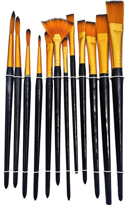 Tanu Craft Set Of 12 Black Nylon Soft Bristles Paint Brushes ideal for Acrylics,Watercolor & Oil (Set of 12, Black)(Black, Golden)