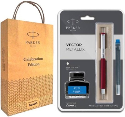 PARKER Vector Mettalix Fountain Pen With Free Quink Blue Ink (RED) Ball Pen(Ink Color - Blue)