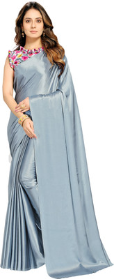 DHYANOM Solid/Plain Bollywood Satin Saree(Grey)