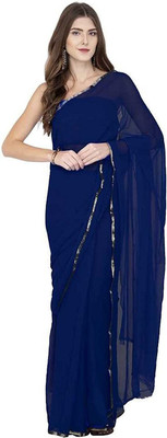 REBOOT FASHIONS Solid/Plain Bollywood Chiffon Saree(Dark Blue)