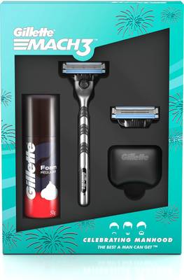 GILLETTE Mach3 Celebrations Gift Pack (Mens Grooming Kit with Mach3 Razor, Hygiene Cap, Cartridge &amp; Foam)