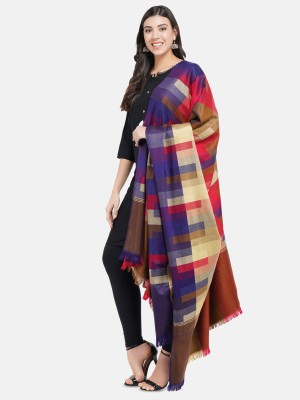 Royal Kashmir Wool Checkered Women Shawl(Purple, Multicolor)