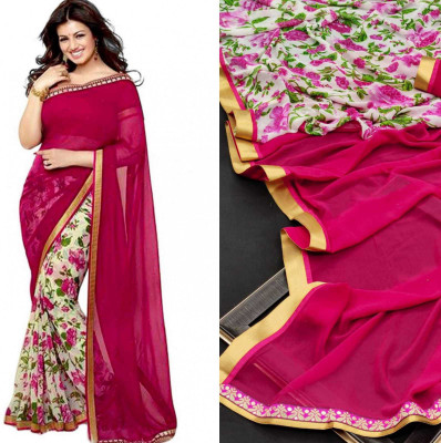 Dhandai Fashion Printed, Self Design, Embellished, Floral Print Bollywood Georgette Saree(Pink)