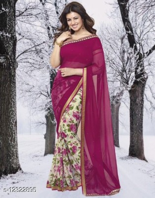 VIRHAN Embellished, Digital Print, Printed Bollywood Georgette, Chiffon Saree(Pink, White)