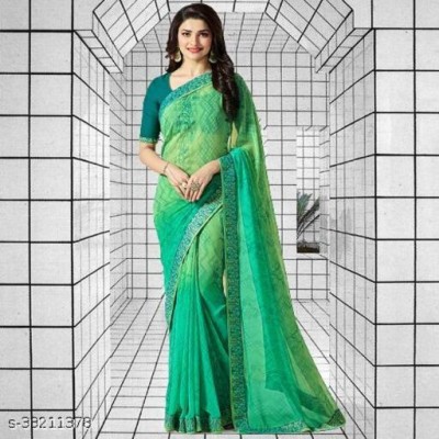 VIRHAN Embellished, Digital Print, Printed Bollywood Georgette, Chiffon Saree(Green, Light Blue)