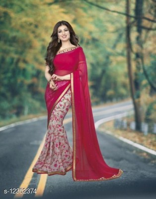 VIRHAN Embellished, Digital Print, Printed Bollywood Georgette, Chiffon Saree(Pink, Beige)