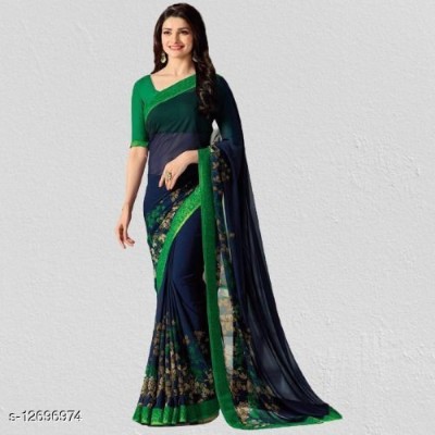 VIRHAN Embellished, Digital Print, Printed Bollywood Georgette, Chiffon Saree(Blue)