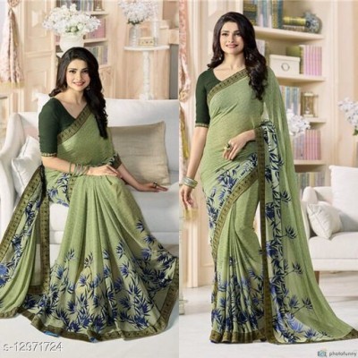 VIRHAN Embellished, Digital Print, Printed Bollywood Georgette, Chiffon Saree(Green, Blue)