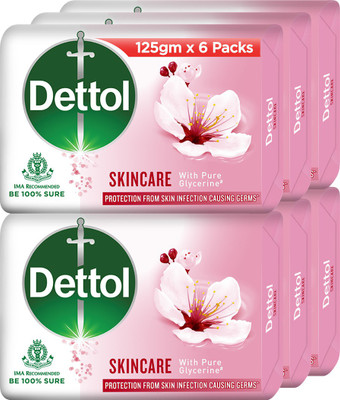 Dettol Skincare Bathing Soap Bar, Pure Glycerine, 125g (Pack of 6)(6 x 125 g)