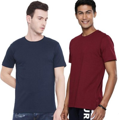 Organic Chics Solid Men Round Neck Dark Blue, Maroon T-Shirt