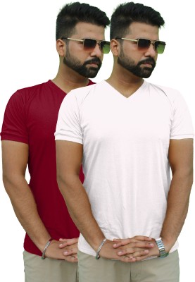 Mr Lier Solid Men Round Neck White, Maroon T-Shirt