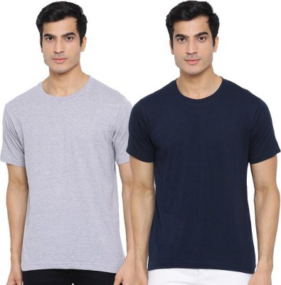 Organic Chics Solid Men Round Neck Dark Blue, Grey T-Shirt