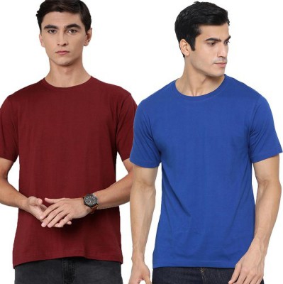 Organic Chics Solid Men Round Neck Maroon, Blue T-Shirt