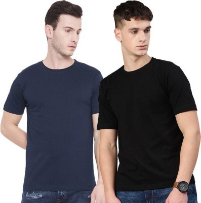 Organic Chics Solid Men Round Neck Dark Blue, Black T-Shirt