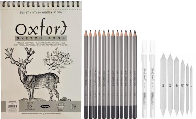Definite Graphite Degree Artist Grade Pencils 10B, 8B, 6B, 5B, 4B, 3B, 2B, B, HB, 2H, 4H and 6H (Pack of 12) Ideal for Sketching, Drawing, Shading for Students, Beginners, Hobbyists, Professionals; 2 X White Highlighting Pen 0.8mm; 6 X White Paper Art Blending Stumps and A4 Size Spiral Sketch Pad 14
