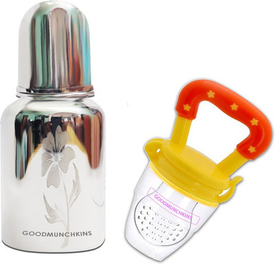 Goodmunchkins Stainless Steel Feeding Bottle 150 ml -304 Steel Join Less with Silicon Fruit Nibbler/Feeder Green BPA Free for Infants 1 Bottle + 1 Fruit Feeder Yellow - 150 ml(Yellow) Goodmunchkins Stainless Steel Feeding Bottle 150 ml -304 Steel Join Less with Silicon Fruit Nibbler/Feeder Green BPA Free for Infants 1 Bottle + 1 Fruit Feeder Yellow - 150 ml(Yellow)