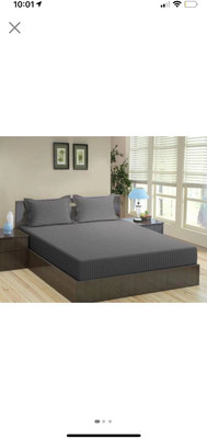 gbl impex Microfiber Double Fitted (Elastic) 400 TC Striped Bedsheet(Pack of 1, Dark Grey)
