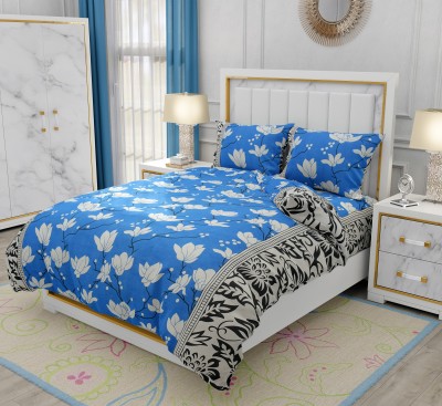 hansika textiles 120 TC Microfiber Double Floral Flat Bedsheet(Pack of 1, Blue & White)