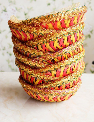 scissors craft Handmade Colorful Net Covering Small Round Shape Bamboo Basket Bamboo Fruit & Vegetable Basket(Yellow, Pink)