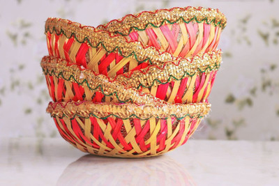 scissors craft Handmade Colorful Net Covering Small Round Shape Bamboo Basket Bamboo Fruit & Vegetable Basket(Yellow, Pink)