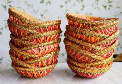 scissors craft Handmade Colorful Net Covering Small Round Shape Bamboo Basket Bamboo Fruit & Vegetable Basket(Yellow, Pink)