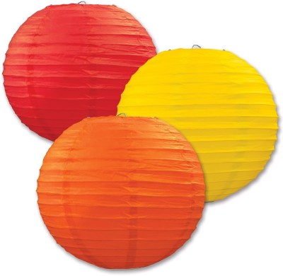 tirupaticollection Party Hanging Lantern Rice Paper Ball Lamp Shade (10 Inch, Mix Colour) Orange, Red, Yellow Paper Hanging Lantern(30 cm X 30 cm, Pack of 3)