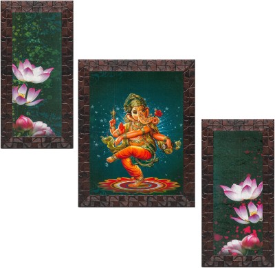 Indianara Set of 3 Lord Ganesh And Lotus Flower Framed Art Painting (2991GBNN) without glass Digital Reprint 13 inch x 10.2 inch Painting(With Frame, Pack of 3)