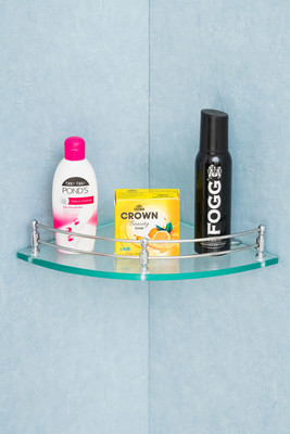 Kaaple Premium Clear Glass Corner Shelf for Bathroom/Kitchen Wall Shelf/Storage Shelf (9x9 Inches - Pack of 1, Clear) Glass Wall Shelf(Number of Shelves - 1, Clear)