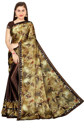GRIFEZ Digital Print Bollywood Lycra Blend Saree(Brown)