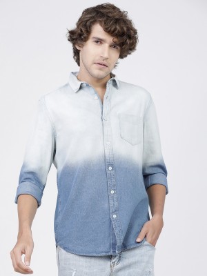 HIGHLANDER Men Dyed/Ombre Casual Light Blue Shirt