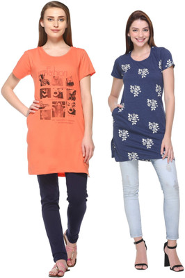 IN Love Printed Women Round Neck Blue, Orange T-Shirt