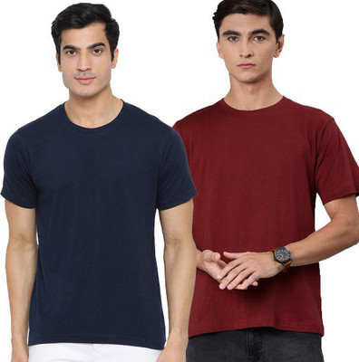 Aman Textile Solid Men Round Neck Dark Blue, Maroon T-Shirt