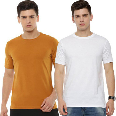 Aman Textile Solid Men Round Neck White, Yellow T-Shirt