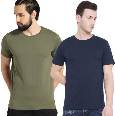 Aman Textile Solid Men Round Neck Dark Blue, Light Green T-Shirt