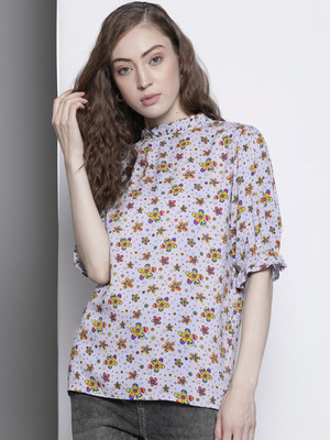 One Femme Casual Printed Women Grey Top