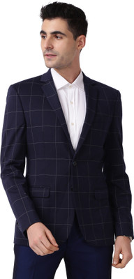 PARK AVENUE Checkered Single Breasted Formal Men Blazer(Blue)