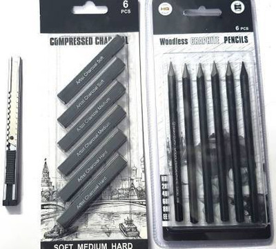 Sabahz Trading 6PCS SET OF COMPRESSED CHARCOAL STICKS , 6PCS SET OF WOODLESS GRAPHITE PENCILS , 1 PC OF PAPER KNIFE COMBO SKETCHING KIT FOR ARTISTS