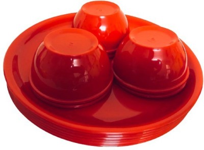 Kanha Pack of 9 Plastic Unbreakable Microwave Safe Plates and Bowl Set for Home and Restaurant (Set of 3 Dinner Plates {11 inches} + 6 Bowls {250 ml} ) Red Dinner Set(Red, Microwave Safe)